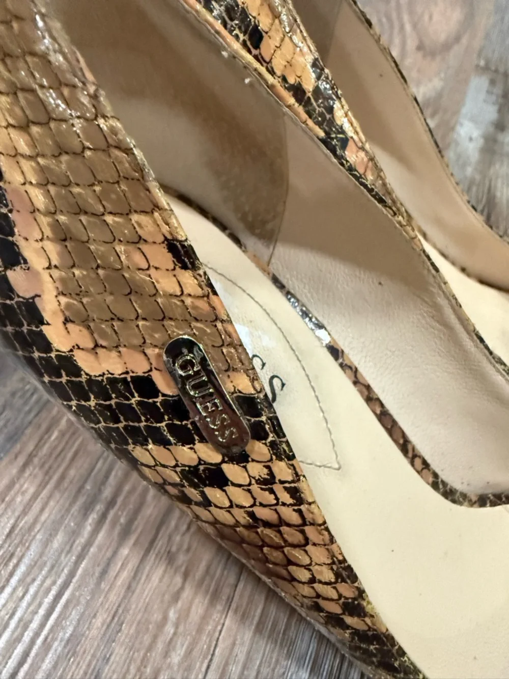 GUESS by Marciano Women’s Snakeskin Peep Toe Heels Size 9.5
